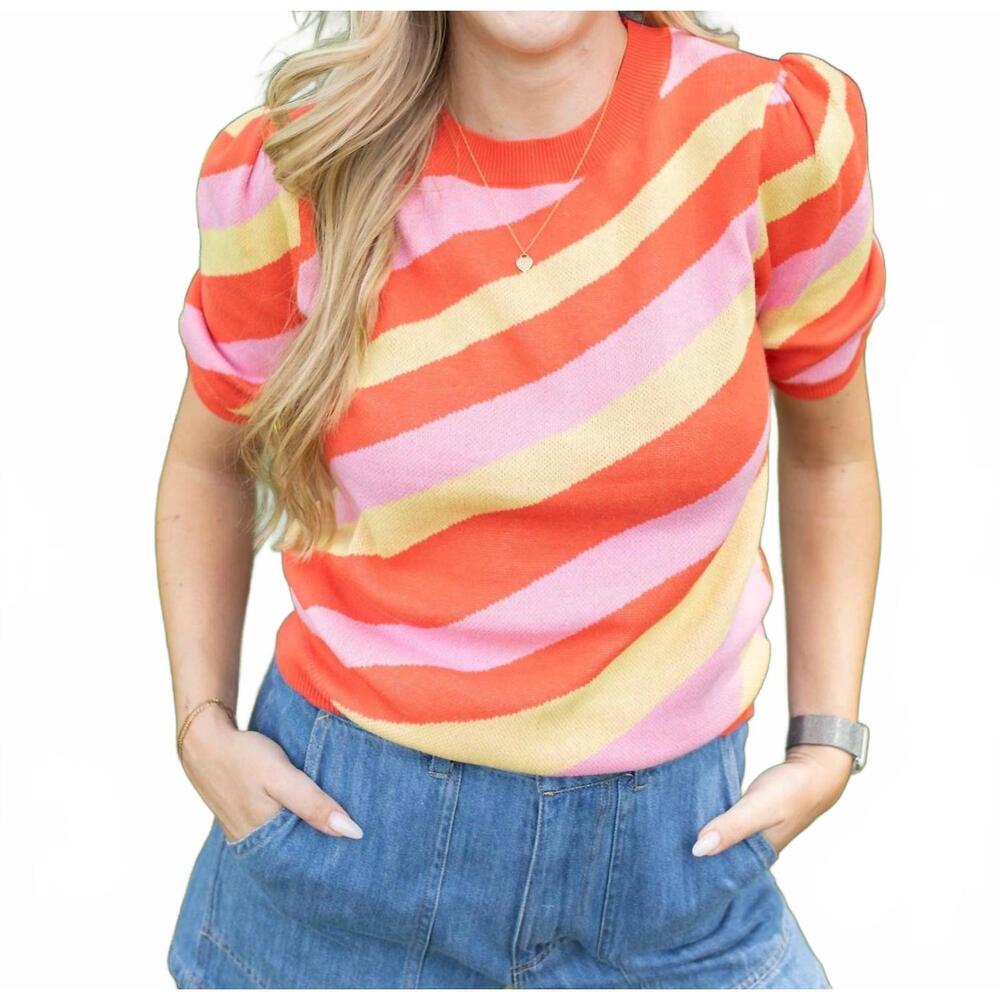NEW FATE citrus stripe short sleeve sweater in multicolor